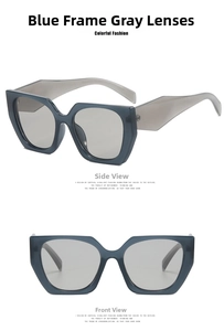 Detail view of bold geometric blue sunglasses with grey lenses in front and side profiles