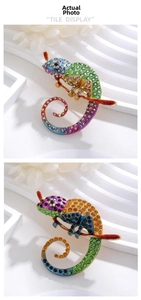 Detailed close-up of two enamel chameleon brooches with colorful rhinestone inlay