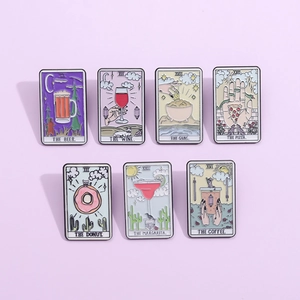 Set of seven tarot-themed food and drink enamel pins with colorful zinc alloy designs