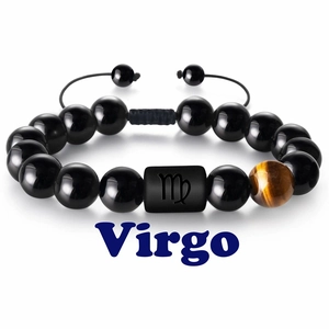Vue détaillée du bracelet zodiaque Vierge avec perles noires, oeil de tigre et symbole