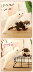 Dettaglio di simpatiche lontre marine di peluche bianche e marroni con pelo morbido