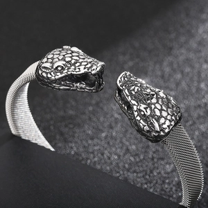 Vintage stainless steel mesh bracelet featuring dual snake heads in a hip-hop design