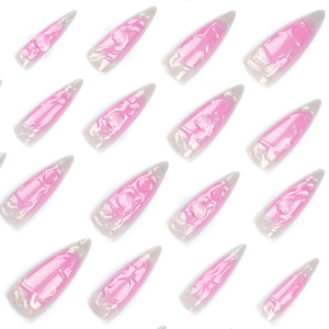 3D pink heart press-on nails with long stiletto shape and pearlescent gradient finish