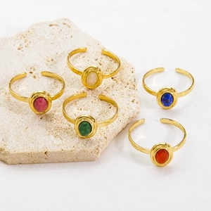 Luxurious gold stainless steel open ring set with colorful faceted oval natural stones