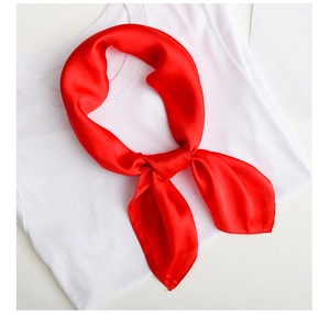 Detail of red silk neckerchief tied in a stylish knot on a white T-shirt collar