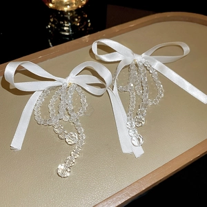 Elegant White Satin Bowknot Tassel Earrings With Glass Beads And Silver Earring Post Sweet Aesthetic Jewelry For Women