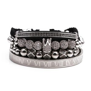 Herren Retro Mehrschicht-Armband-Set mit schwarzem Seil und Kronenanhänger in Silber-Optik