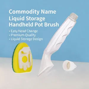 Long handle dish brush with liquid dispenser and replaceable yellow sponge head