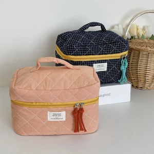 Close-up of quilted checkered cosmetic bags with vibrant yellow zippers and fabric tassels
