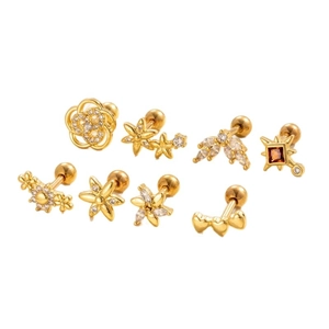 Set of 8 gold titanium steel stud earrings with heart, flower, and star designs