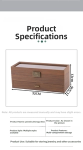 Detail view of walnut grain watch box with clear window and dimensions 32x11.5x13cm