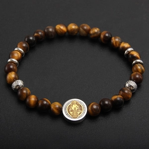 Tiger eye beaded bracelet with vintage stainless steel St. Benedict religious pendant