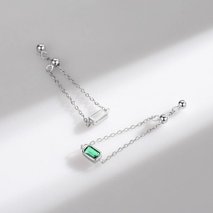 Minimalist S925 sterling silver chain earrings with emerald and clear zircon stones