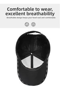 Close-up of black baseball cap interior showing breathable mesh and SPORT logo detail