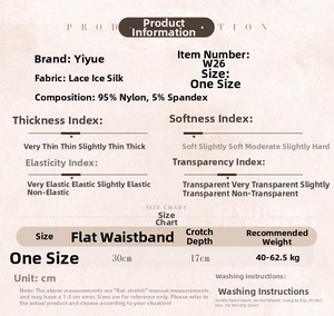 Size chart and fabric details for lace thong, 95% nylon, 40-62.5kg, hand wash only