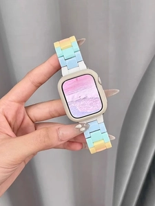 Detailed shot of rainbow resin watch band and protective case for iWatch SE/9/8/7