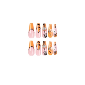 Halloween coffin press on nails featuring pumpkin, ghost, and spider rhinestone accents
