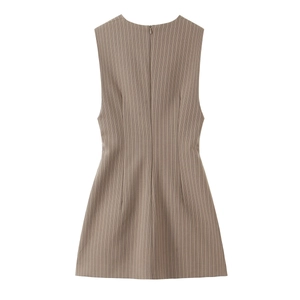Vertical striped sleeveless A-line mini dress in coffee brown with back zipper