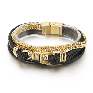 Men's multilayer braided leather bracelet with gold magnetic clasp on white background