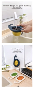 Collapsible whale drain basket for kitchen sink showing folding and hanging functions