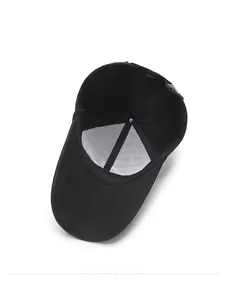 Detail view of the black baseball cap showing interior mesh lining and stitching