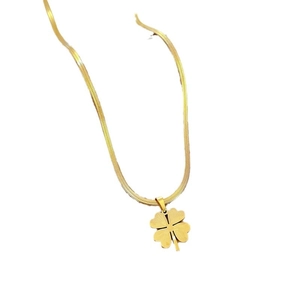 Minimalist 18K gold-plated snake chain necklace with a four-leaf clover pendant on white back