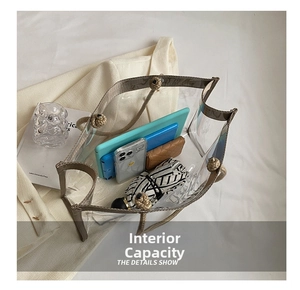 Detailed view showing the large interior capacity of this transparent PVC tote bag