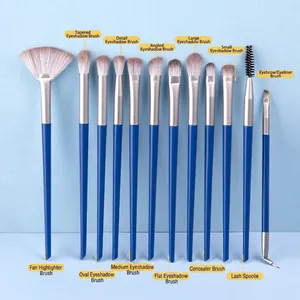 13-piece professional eye makeup brush set with blue handles and synthetic bristles