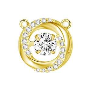 Detailed view of a gold clover pendant with small pavé diamonds and a central round zircon