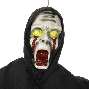 Sound-activated Halloween hanging ghost with skull mask and black hooded cloak decor