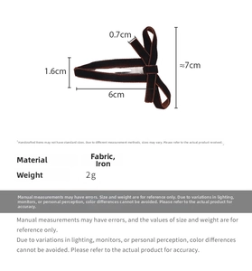Macro detail of dark brown velvet bow hair clip showing dimensions and fabric texture