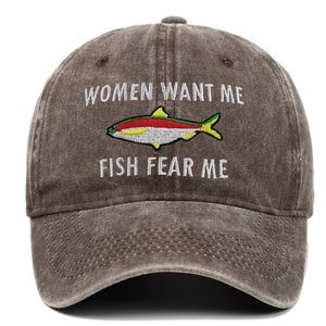 Washed dark brown baseball cap with colorful fish embroidery and humorous slogans