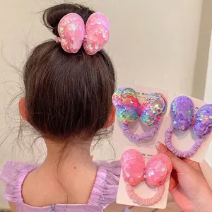 Kids sequin 3D butterfly hair ties set showing pink and purple elastic hair bands