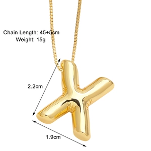 Detailed view of golden balloon-style letter X pendant with dimensions and chain length