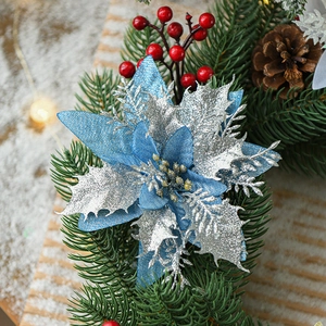 Sparkling dark blue and silver glitter artificial Christmas flower for tree decoration