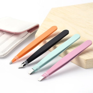 Colorful stainless steel tweezer set with four tools and a premium faux leather pouch