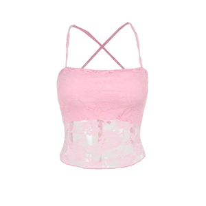 Rosa Spitzen-Camisole-Top mit überkreuzten Rückenträgern und floraler Textur im Y2K-Stil