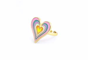 Detail of 18K gold plated heart ring with colorful gradient enamel and adjustable band