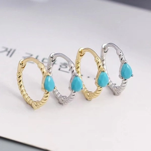 S925 sterling silver hoop earrings with teardrop turquoise stones and twisted rope texture
