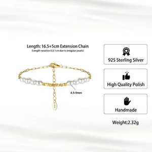 French minimalist 925 silver bracelet with baroque pearls and small bell charms