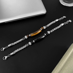 Vintage stainless steel chain bracelets with tiger eye and black stone for men