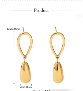 Polished gold teardrop dangle earrings with dimensions of 55mm height and 11mm width