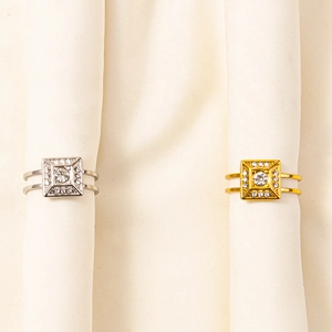 Geometric Square Stainless Steel Ring With Rhinestone Adjustable Double Layer Band High End Niche Design Jewelry