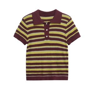 Women's vintage striped knit polo shirt with short sleeves and white button neckline