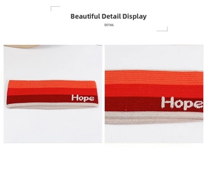 Detail of striped elastic fitness headband with Hope embroidery and gradient knit texture