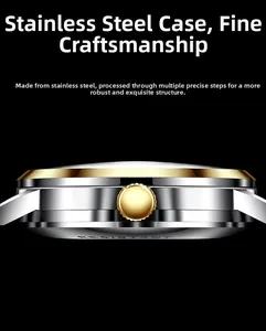 Detail of dual-tone steel watch case with golden crown and precise metallic finish