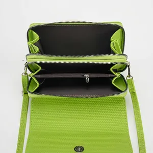Green woven leather crossbody phone bag with multi-layer interior and card slots