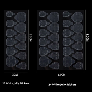 Detailed size comparison of 12 and 24 count transparent press-on nail adhesive tabs