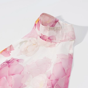Pink floral V-neck dress with high collar and puff sleeve detail in chiffon fabric