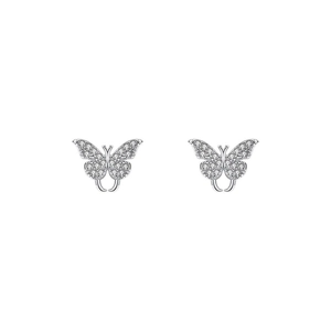 Elegant S999 silver butterfly stud earrings featuring white shimmering zircon stones
